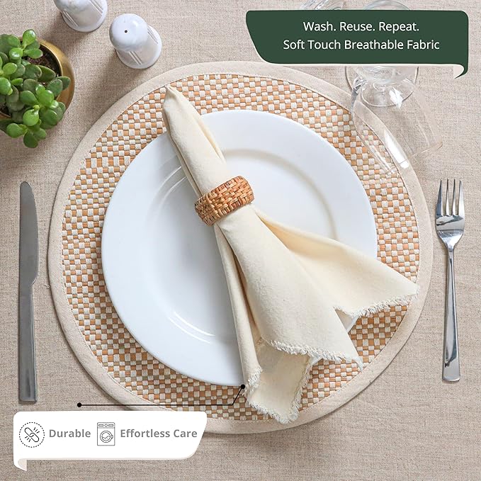 Ramanta Home Cloth Napkins Set of 12 Light Flax 18x18 Inch - Spring Soft & Durable Frayed Dinner Napkin for Easter Wedding, Birthday | Heavy Weight Fabric Table Linen for Everyday Use Family Dinners