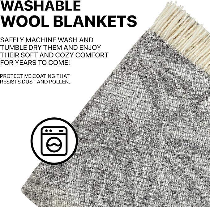 | Wool Blanket/Throw | 100% New Zealand Wool | Perfect for Home and Outdoors | Virgin Wool Blanket with Fringes 55"x79" (140 x 200 cm) (Gray Leaves)