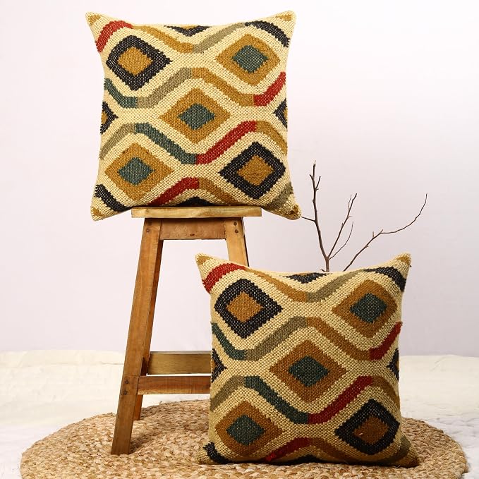 Trade Star 70% Jute 30% Wool Throw Cushion Cover Decorative Pillow Highly Durable Quality Handwoven Cushion Case Rug Pillowcase Set of 2 Kilim Pillow Cover Thick Rug Designer Case