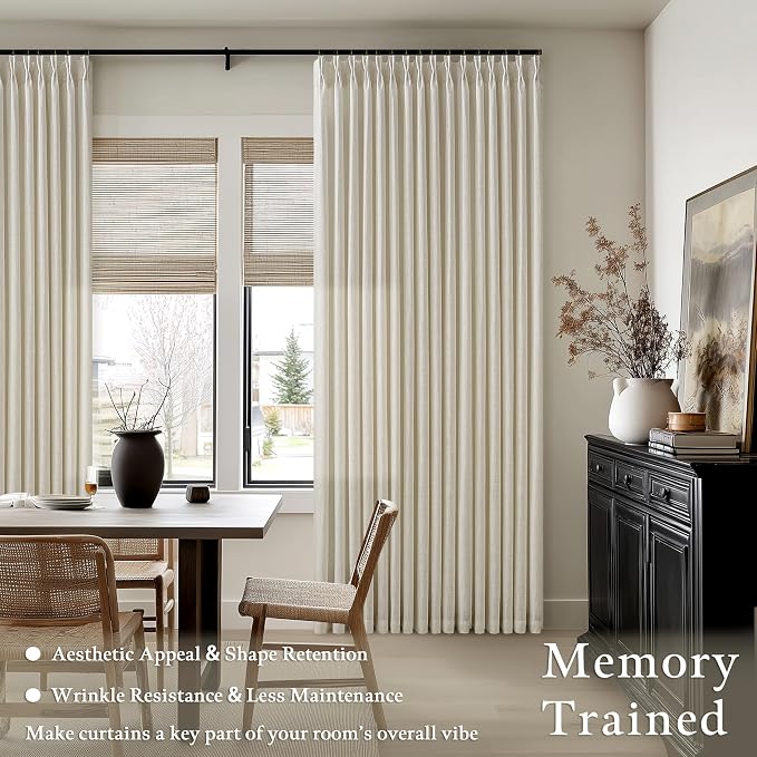 80 Inch Linen Curtains 2 Panels Set for Living Room Bedroom Boho Farmhouse Pinch Pleated Flax Linen Burlap Semi Sheer Back Tab Pinch Pleat Hooks Rings Window Curtain Light Tan Beige 50 by 80 Length