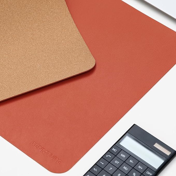 RENMTURE Dual-Sided Large Desk Pad, Faux Leather Natural Cork Mouse pad, Desk Accessories Protector, for Office and Home Work (Orange, 32"x16")