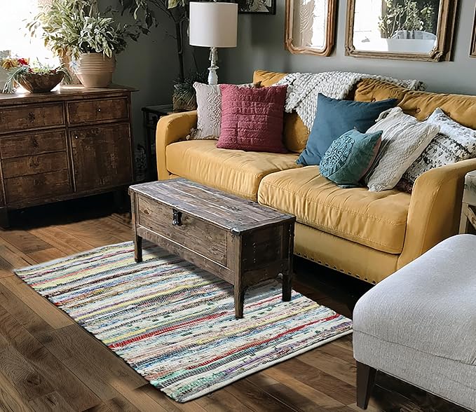 COTTON CRAFT Cotton Chindi Rag Rug - 2 Pack - 27 x 45 inches Reversible Handwoven Area Rugs - Boho Farmhouse Rustic Vibrant Decorative Accent Rug for Kitchen, Entryway, Living Room - Multicolor