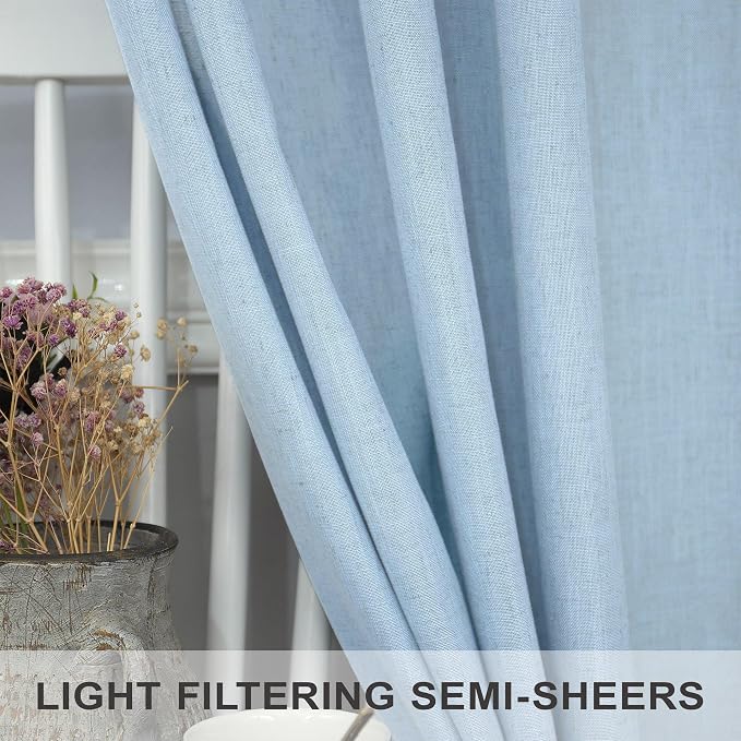 Light Blue Linen Grommet Curtains 96 Inches Long for Living Room 2 Panel Coastal Drape Light Filtering Modern Farmhouse Window Privacy Semi-sheer Pastel Blue Curtain for Boys Bedroom Girl 52x96 Length