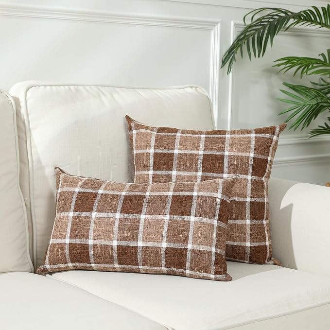 Stellhome Pack of 2 Lumbar Linen Buffalo Check Fall Throw Pillow Covers Farmhouse Plaid Cushion Cover Rustic Retro Decor for Bed Couch Sofa Bench, 12 x 20 Inch, Chocolate