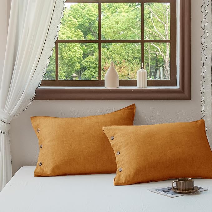 EVERLY 100% Linen Pillowcases Set of 2, French Linen from Normandy, 20X26Inch Standard Size, Natural Color, Coconut Buttons Closure, Flax Pillowshams-Pillowcase-Caramel