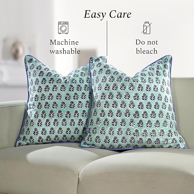CPC 100% Cotton Throw Pillow Covers 20x20 Inch, Set of 2 Blue Block Print Pattern Couch Pillow, Cute Boho Decorative Pillows for Living Room, Bedroom with Hidden Zipper- Poppy Blue