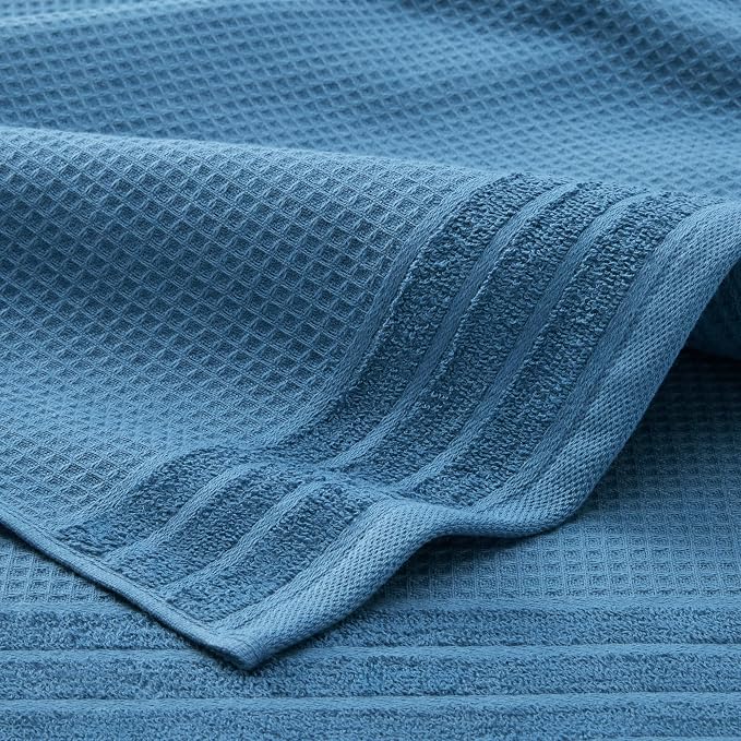 Town & Country Basics 4-Piece Waffle Woven Terry Stripe Bath Towel Set, 30x56-Inch, 100% Cotton, Quick Dry, Blue