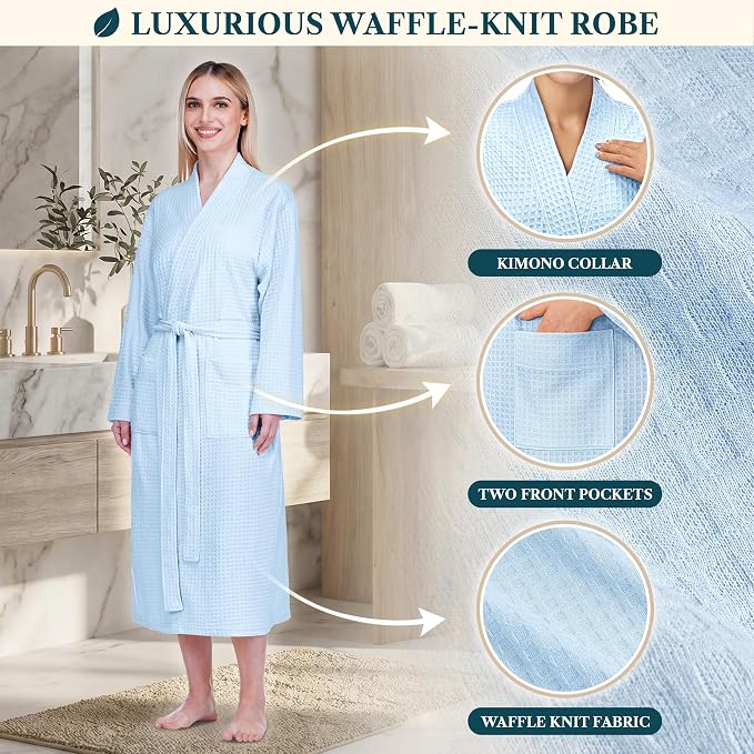 PAVILIA Womens Waffle Knit Robe Lightweight Cotton Blend Full Length House Bathrobe with Pockets