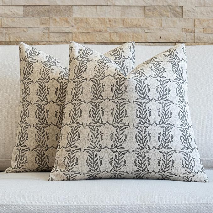 FIOUOVO Floral Throw Pillow Covers 18x18 Set of 2 Block Print Cushion Covers Farmhouse Neutral Accent Decorative Pillow Covers Home Decor for Sofa Couch Living Room Bedroom, Light Taupe