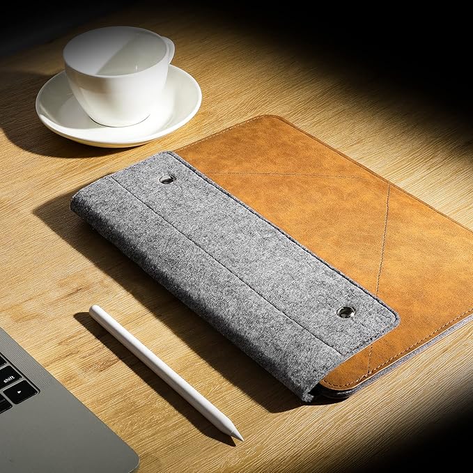 MoKo 9-11 Inch Felt Leather Tablet Sleeve Bag Carrying Case Fits New 11-inch iPad Air M2, New 11-inch iPad Pro M4 2024, iPad Air 5/4 10.9, iPad 9/8th Gen 10.2, iPad 10th Gen 10.9, Gray & Brown