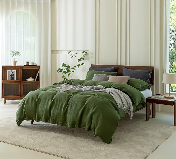EVERLY 100% Pure Linen Duvet Cover Set King Size104X90Inch 3pcs (1 Duvet Cover,2 Pillowcases) Soft and Breathable for All Season with Coconut Button Closure, Suitable for Hot Sleepers-Mossy Green