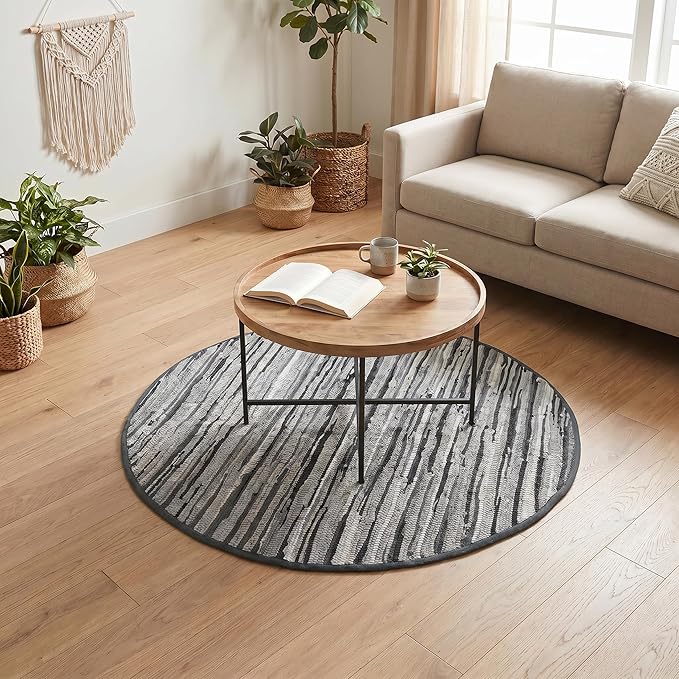 Cotton Hand Woven Chindi Area Rug 4 Feet Round - Charcoal, Reversible Large Durable Indoor Décor Carpet Ideal for Bedroom, Living Room, Nursery | Grey Soft Farmhouse Circle Floor Mat for Home Space