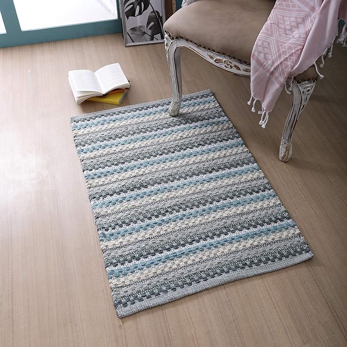 Cotton Chenille Hand Woven Area Rug 2x3 Feet - Aqua Combo, Reversible Quick Water Absorbent Accent Floor Rugs Ideal for Bathroom, Kitchen, Bedroom | Spa Blue Soft Washable Durable Mat for Home Décor