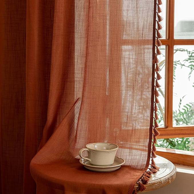MYSKY HOME Bohemian Farmhouse Ceiling Curtains with Macrame for Living Room,Semi Sheers Light Filtering Privacy Protect Window Treatments Decor Back Tab,50" W×96" L,Terracotta，2 Panels