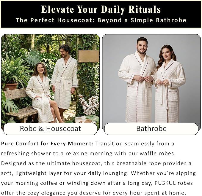 PÜSKÜL Luxury Waffle Robe for Women & Men - Natural 100% Turkish Cotton Bathrobe - Housecoat Womens & Housecoat Mens