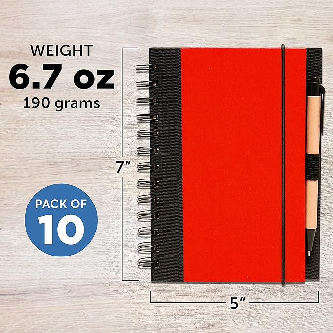 DISCOUNT PROMOS Eco Block Notebooks with Pens Set of 10, Bulk Pack - Perfect for School, Office, Business, Home - Red