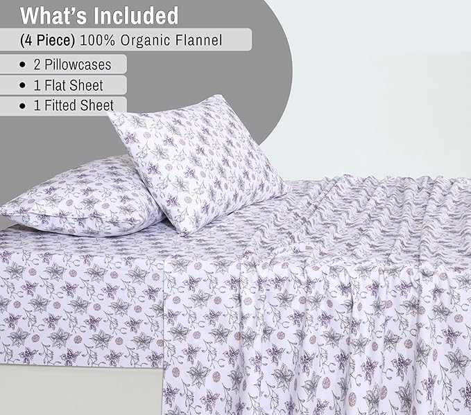 RUVANTI Flannel Sheets King Size - GOTS Certified 100% Organic Cotton, 4 Piece Warm, Soft & Breathable Set, Deep Pocket Snug Fit, Double Brushed Cozy All Season Bedding, Fir Affection