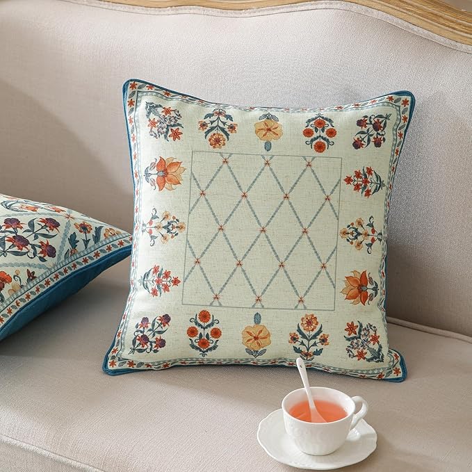 ISAENNE Design Square Linen Throw Pillow Covers 18"x18" Pack of 2, Blue Floral Country Cushion Covers with Colorful Wildflower Pattern Decor Pillowcases for Bed,Living Room,Outdoor,Car