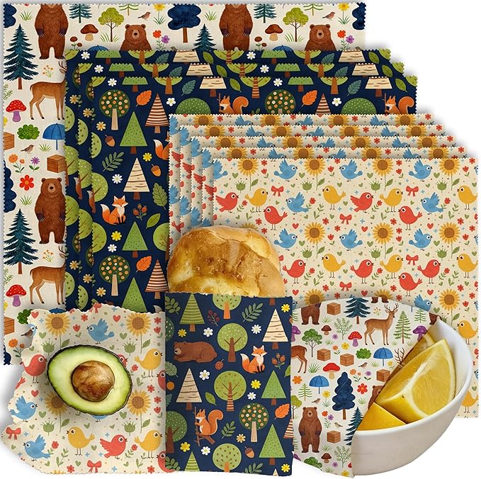 LENARKU Reusable Beeswax Wrap, 9 Pack Eco-Friendly Food Storage, Organic Cotton, Sustainable, Zero Waste, Plastic-Free, Sandwich & Snack Covers, 1XL, 3M, 5S, Forest Animals & Nature Pattern