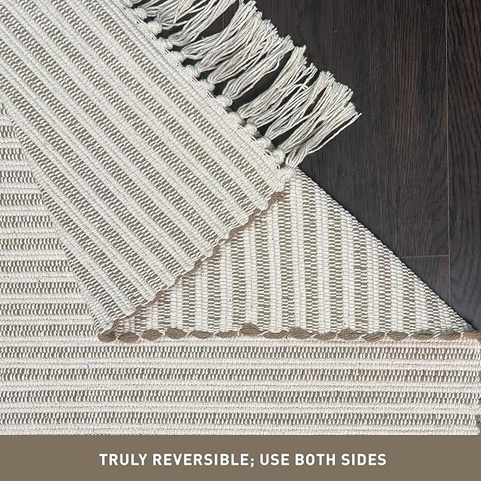 Chardin home Beige & Ivory Providence Runner 2.5x8 feet |Hand Woven Farmhouse Rug with Hand Knotted Fringes|Great in Kitchens entryways Hallways Bathrooms Meditation Yoga Mat|Reversible Cotton Rug