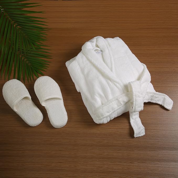 Luxury Spa & Hotel Bathrobe Set L/XL with Slippers – 100% Cotton Terry Bath Robe – Hotel Collection, White