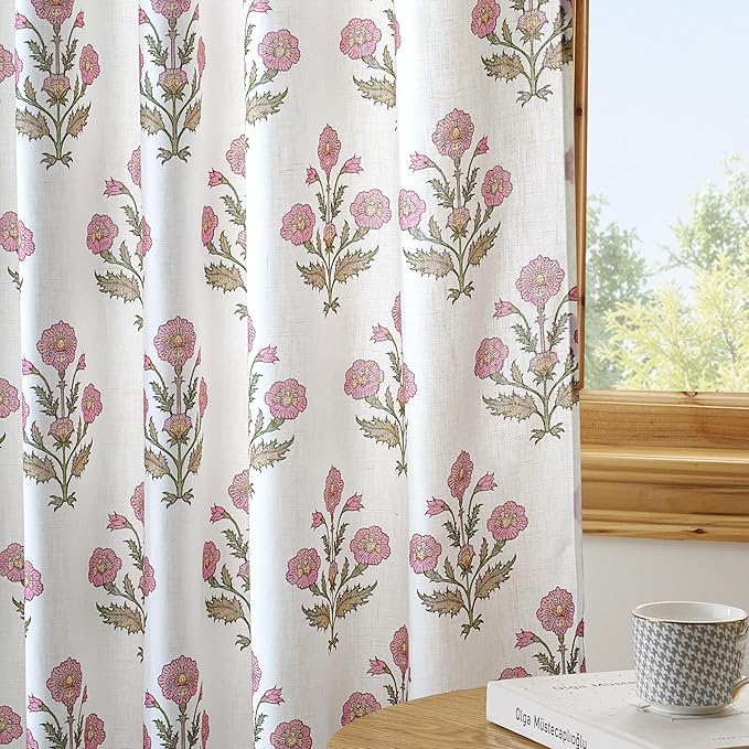 NICETOWN Floral Linen Curtains 84 inches Long Pink Pattern Printed for Girls Bedroom Nursery, Boho Farmhouse Window Sheer Curtain Drapes Aesthetic Light Filtering Privacy 2 Panel Sets, 55" W