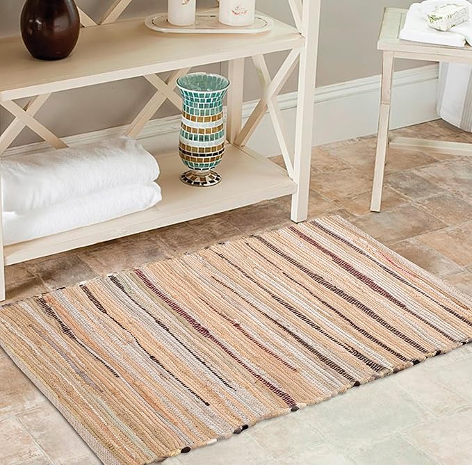 Cotton Hand Woven Chindi Rug 2x3 Feet - Beige, Decorative Soft Throw Indoor Floor Rag Rugs Ideal for Entryway, Kitchen, Kids Room | Durable Lightweight Neutral Home Space Dhurrie for Costal Décor