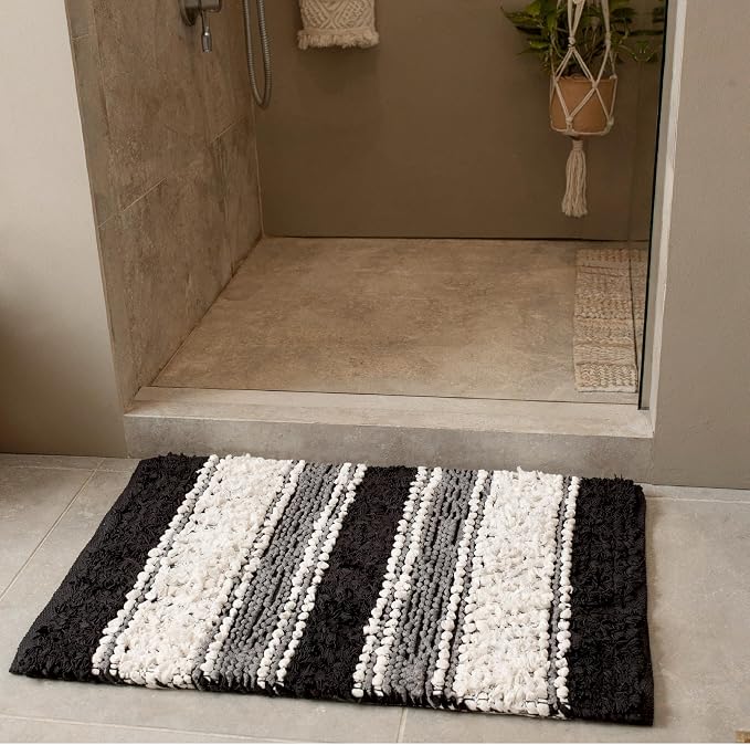 Chenille Cotton Bath Rug 20x32 Inch - Charcoal, Non-Slip Absorbent Quick Dry Floor Mat Ideal for Bathroom, Kitchen, Laundry Room | Grey Washable Accent Soft Shaggy Throw Door Mats for Entryway, Patio