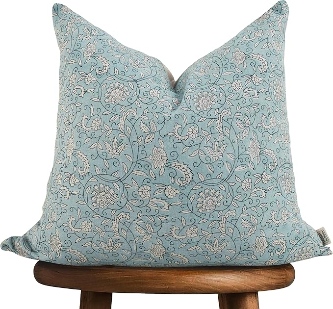 Handmade Block Print 100% Thick Cotton 20 x 20 inch Throw Pillow Cushion Cover with Zipper - Pillowcase for Bedroom, livingroom, Couch, Sofa, Outdoor, Chair, Bed, Home Décor-Lina (Misty Blue)