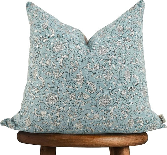 Handmade Block Print 100% Thick Cotton 20 x 20 inch Throw Pillow Cushion Cover with Zipper - Pillowcase for Bedroom, livingroom, Couch, Sofa, Outdoor, Chair, Bed, Home Décor-Lina (Misty Blue)