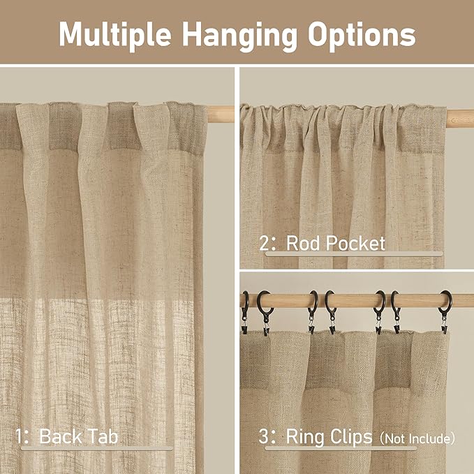LAMIT Brown Semi Sheer Linen Curtains 60 Inch, Light Filtering Neutral Window Panels Farmhouse Boho Back Tab and Rod Pocket Drapes for Bedroom, 2 Panels, 52 x 60 Inch