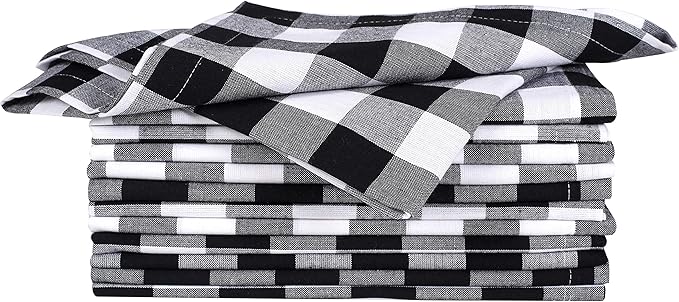 Dinner Napkin Gingham Plaid Check, 100% Cotton, Mitered Corners & Generous Hem, Set of 12, 18x18 inches, Black White Checks