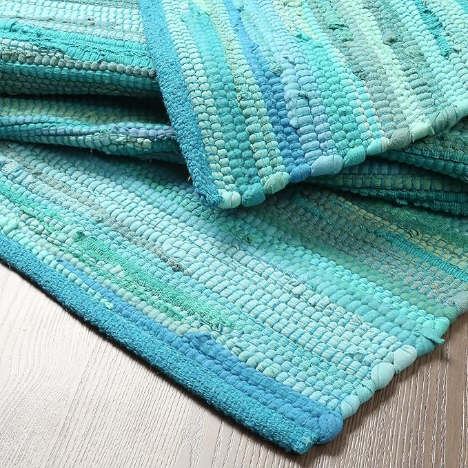 Cotton Hand Woven Chindi Runner Rug 2x6 Feet - Teal, Durable Rectangular Large Door Way Rag Rugs Ideal for Hallways, Kitchen, Bedroom, Nursery Room | Green Soft Reversible Floor Mat for Kids Space