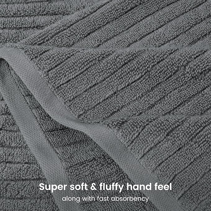BIOWEAVES 100% Organic Cotton 6-Piece Luxury Bathroom Ribbed Towel Set GOTS Certified 700 GSM, 2 Bath Towel, 2 Hand Towel & 2 Wash Cloths - Pewter
