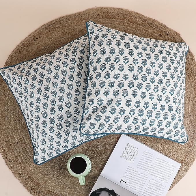 SheetKart Pure Cotton Throw Pillow Covers - Set of 2 - Hand Block Pure Cotton Printed Boho Decorative Pillow Covers - Cushion Covers for Living Room, Bohemian Theme, 18 x 18 Inches, Ocean Mist Teal