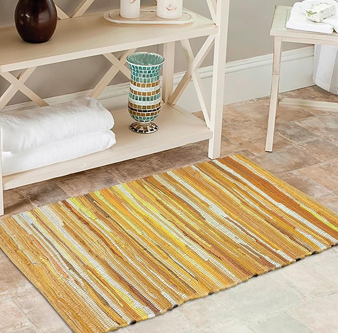 Cotton Hand Woven Chindi Rug 2x3 Feet - Mustard, Farmhouse Small Soft Durable Handmade Throw Carpet for Entryway, Kitchen, Laundry Room | Yellow Braided Textured Rectangular Rag Rugs for Bathroom