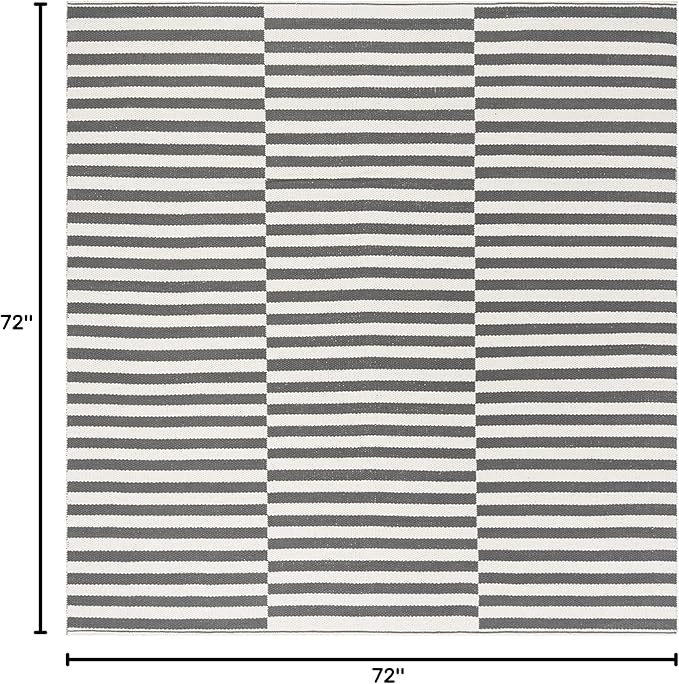SAFAVIEH Montauk Collection Area Rug - 6' Square, Ivory & Grey, Handmade Stripe Cotton, Ideal for High Traffic Areas in Living Room, Bedroom (MTK715A)
