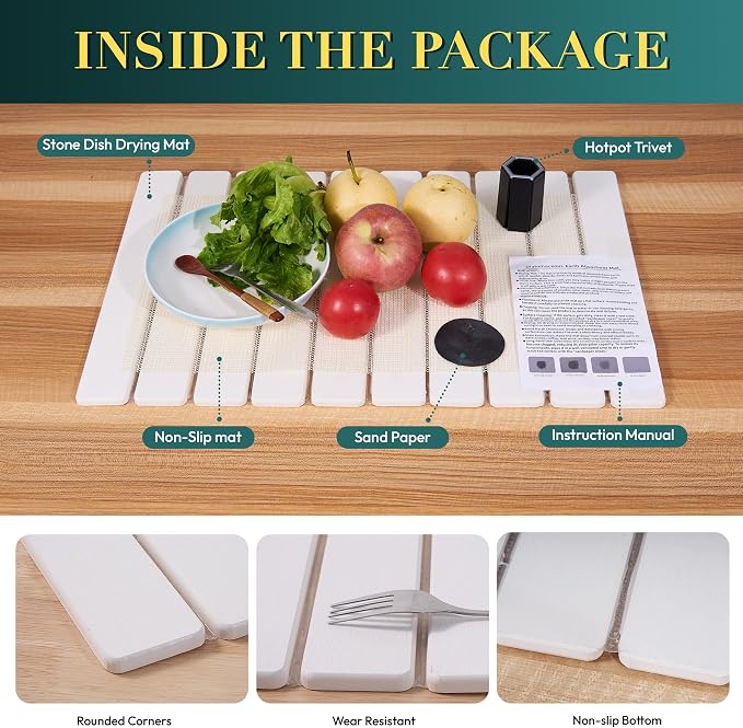 MessOut Stone Dish Drying Mat for Kitchen Countertop, 24x16” Fast Drying Diatomaceous Earth Dish Mat, Collapsible & Absorbent Drying Pad for Tableware, Minimalist Counter Protector