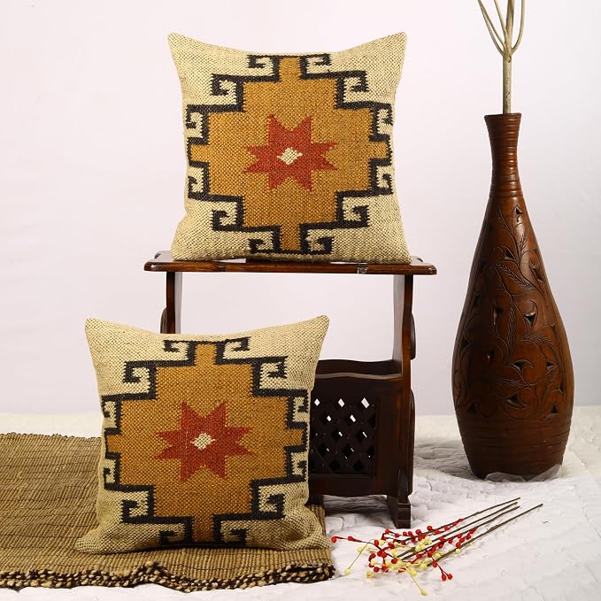 Trade Star Set of 2 Kilim Cushion Covers Handloomed Rug Decorative Cushion case 18x18 Inches Throw Pillow Cover Handwoven Pillowcase 70% Jute 30% Wool Pillow Shams (Kilim 10)