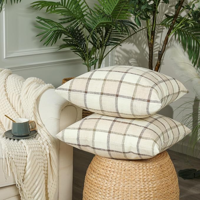 Stellhome Pack of 2 Linen Buffalo Check Decorative Fall Throw Pillow Covers, Autumn Farmhouse Plaid Cushion Covers Rustic Retro Decor for Couch Sofa Living Room, 20x20 Inch, Beige