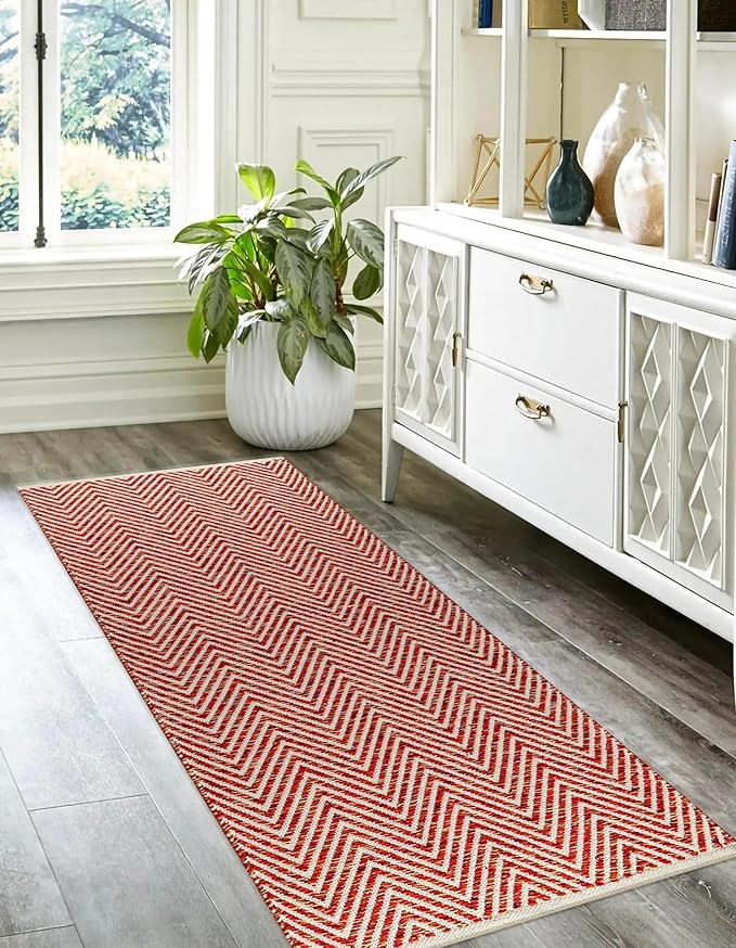 Cotton Chevron Hand Woven Area Runner Rug 2x6 Feet - Red, Farmhouse Decorative Floor Runners Ideal for Hallways, Kitchen, Bedroom | Nursery Durable Geometric Reversible Living Space Patio Mats