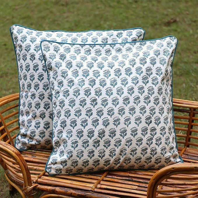 SheetKart Pure Cotton Throw Pillow Covers - Set of 2 - Hand Block Pure Cotton Printed Boho Decorative Pillow Covers - Cushion Covers for Living Room, Bohemian Theme, 18 x 18 Inches, Ocean Mist Teal