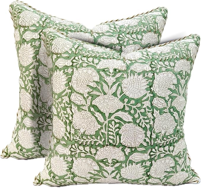 ATOSII Block Print Boho Throw Pillow Covers, 20 X 20, Set of 2, Decorative Couch Pillows for Living Room, 100% Cotton Canvas Acccent Pillows, Christmas Thanksgiving Fall Preppy Throws - Jade