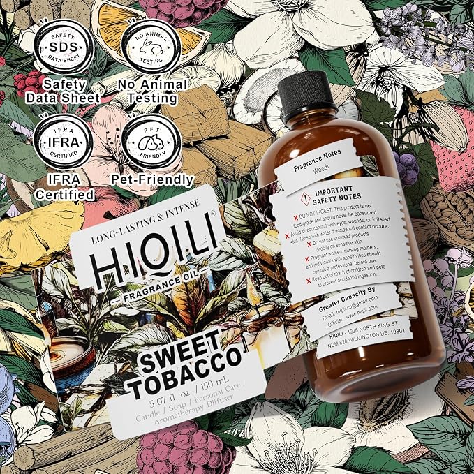 HIQILI Sweet Tobacco Fragrance Oil for Diffuser, Candle Making - 5.07 Fl Oz | for Soap, Body Scrubs & Air Freshener Spray Making, Rich Scent - 150 ML