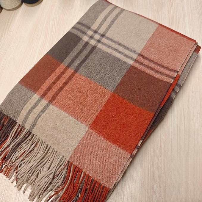 Soft Pure Wool Throw Blanket, Lightweight Warmth, 55"x83", Plaid, Fringe, Compact with Bag, Useful Gift for Women Men, All Season Decorative Cozy Travel Blanket for Couch Bed, Outdoors