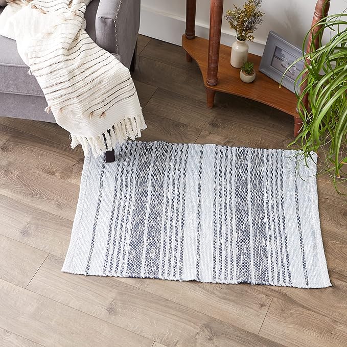 DII Woven Rag Rug Collection Recycled Yarn Variegated Rustic Stripe, 2x3', Stonewash Blue