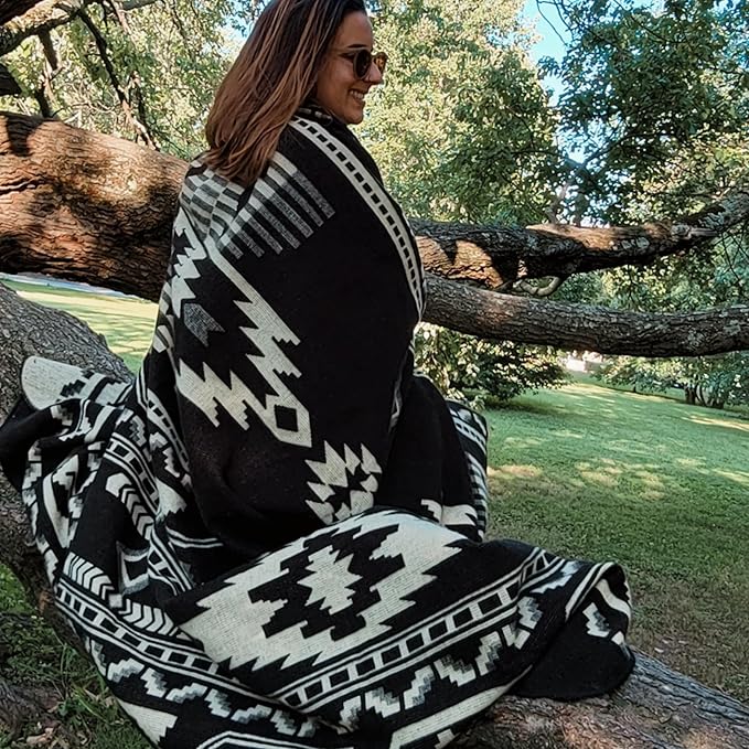 Alpaca Wool Throw Blanket, Native Design Wool Blanket, Throw Aztec Pattern Alpaca Wool Throw Blanket (Black, Throw 78"x48")