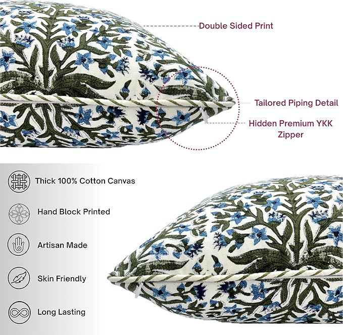 ATOSII Block Print Throw Pillow Covers, 24" X 24" - Set of 2, Decorative Couch Pillows for Living Room Bed Sofa, 100% Cotton Canvas Pillow Case for Home Decor & Outdoors, Preppy Throws - Nargis Blue