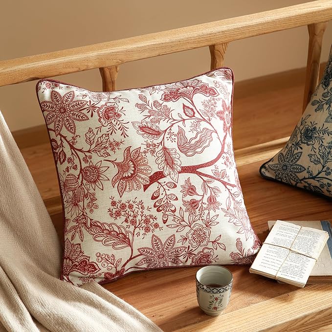 ISAENNE Design Linen Square Throw Pillow Covers 18"x18" Pack of 2, French Country Cushion Covers with Red Toile de Jouy Floral Pattern Decoration Pillowcases for Bed, Living Room, Outdoor, Car