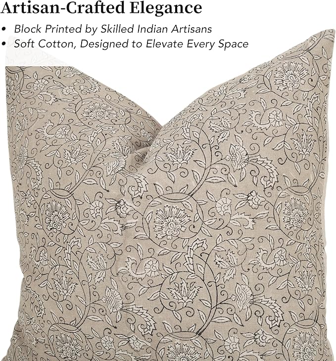 Hand-Block Printed, Artisan-Made Neutral Accent Throw Pillow Covers- 100% Cotton Cushion for Sofa, Bed, Chair, Home Decor, Boho, Indoor - Lina (Beige, 20" x 20" (Pack of 2))